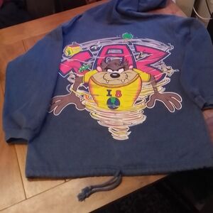 90's Blue Taz Hoodie,3/4 sleeve, drawstring (cropped) waist. XL kid or S/M adult